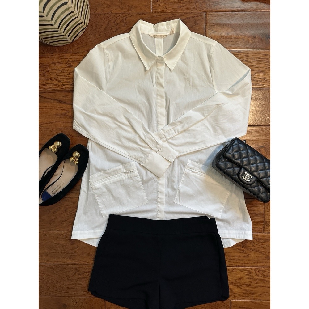 NWOT Soft Surroundings White Cotton Blend Button Down Shirt Zip Pockets M 2CG16